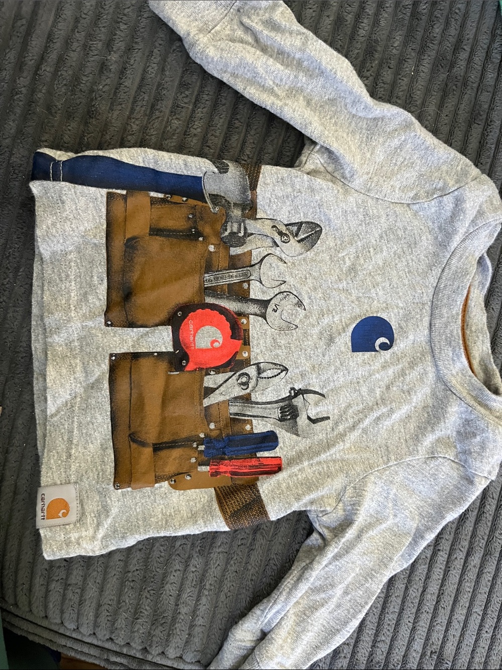 Carhartt Gray Sweatshirt with Gold Logo and Brown Neck Trim